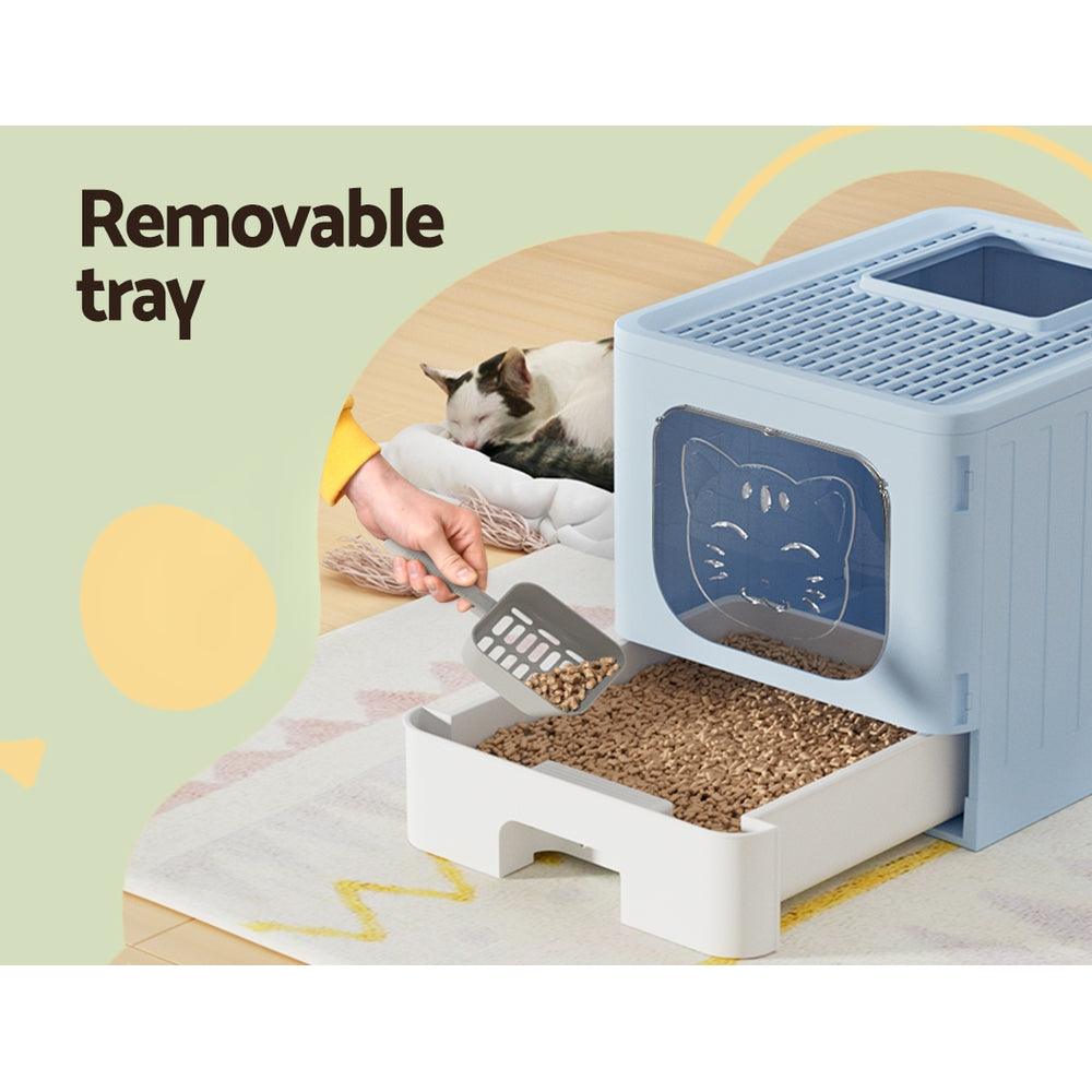 i.Pet Cat Litter Box Large Tray Kitty Toilet Enclosed Hooded Foldable Scoop Blue - Harrogates