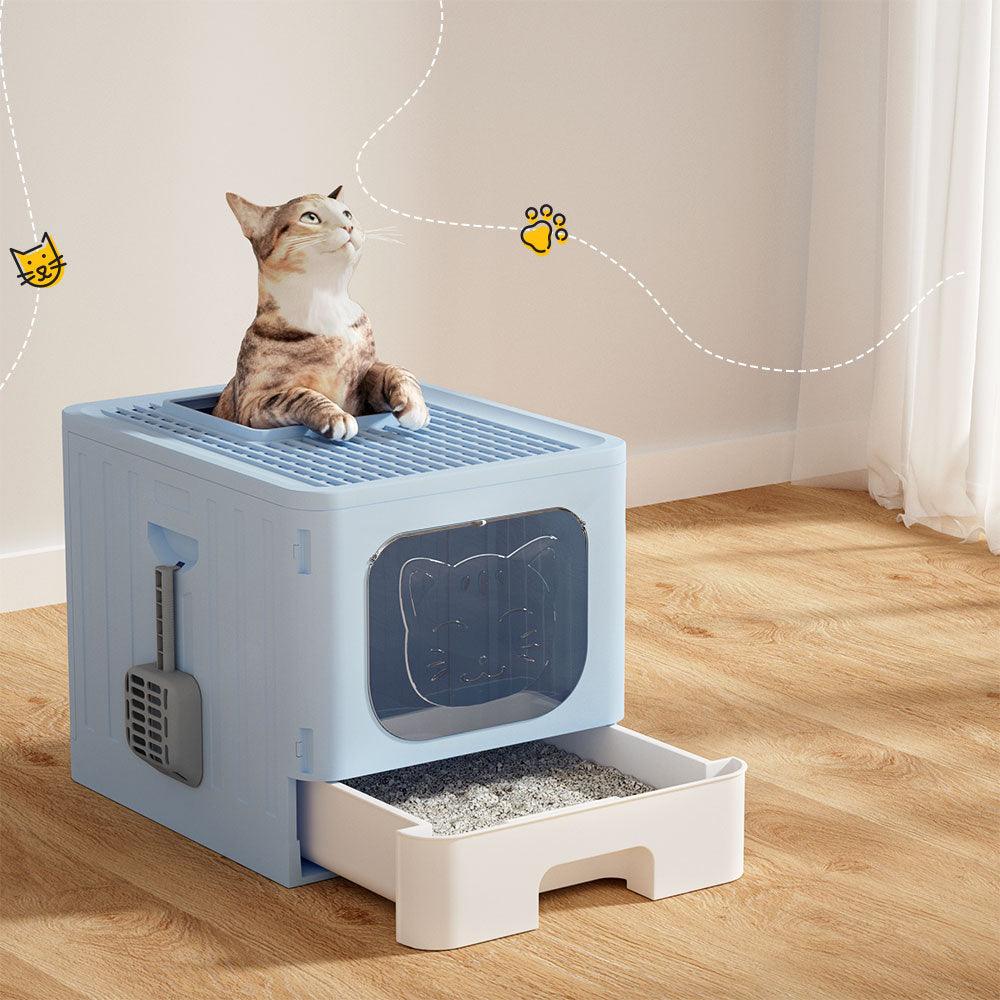 i.Pet Cat Litter Box Large Tray Kitty Toilet Enclosed Hooded Foldable Scoop Blue - Harrogates