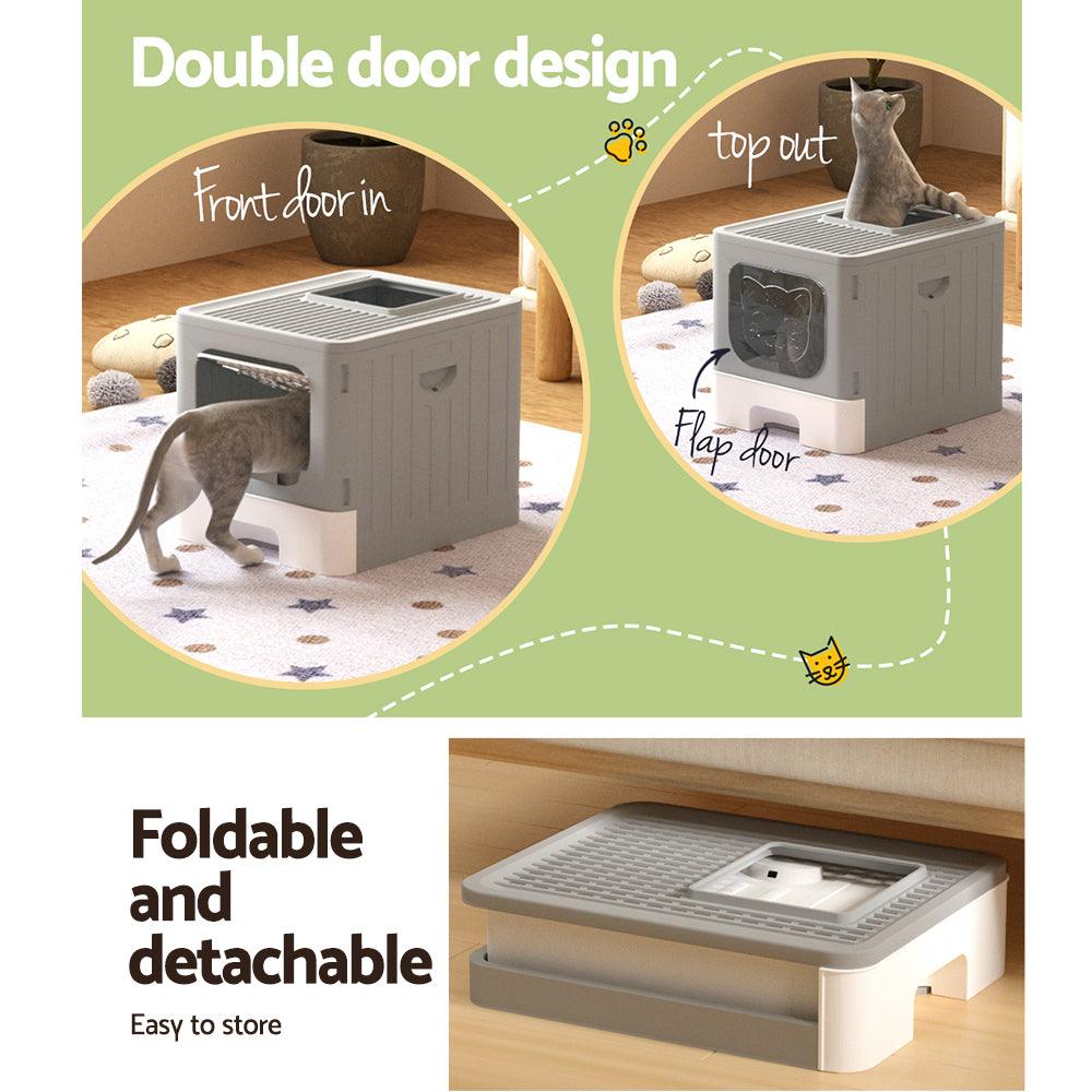 i.Pet Cat Litter Box Large Tray Kitty Toilet Enclosed Hooded Foldable Scoop Grey - Harrogates