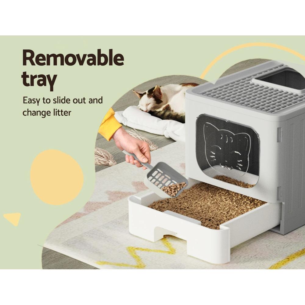 i.Pet Cat Litter Box Large Tray Kitty Toilet Enclosed Hooded Foldable Scoop Grey - Harrogates