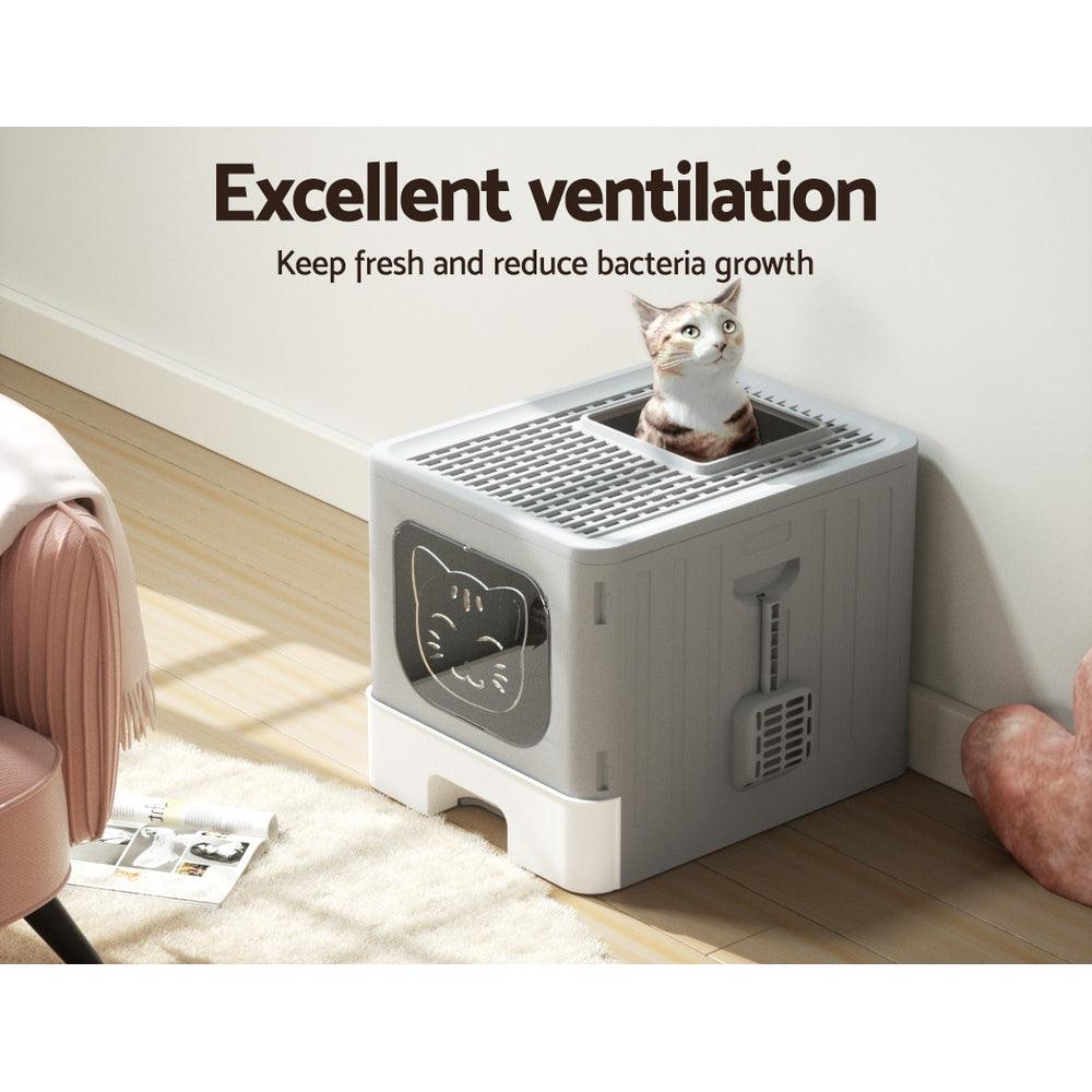 i.Pet Cat Litter Box Large Tray Kitty Toilet Enclosed Hooded Foldable Scoop Grey - Harrogates