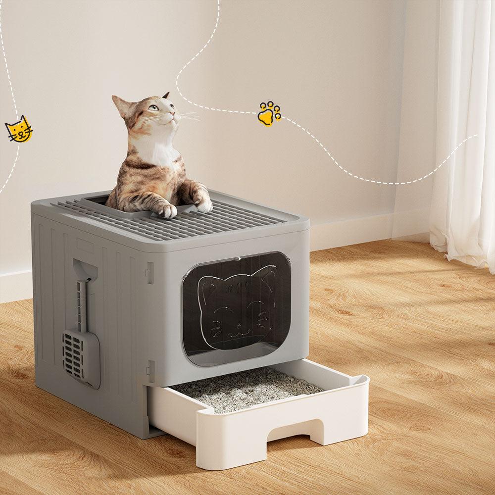 i.Pet Cat Litter Box Large Tray Kitty Toilet Enclosed Hooded Foldable Scoop Grey - Harrogates