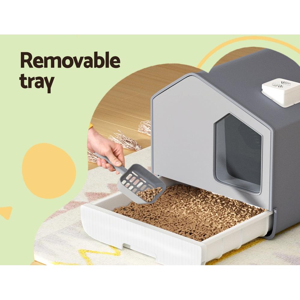 i.Pet Cat Litter Box Large Tray Kitty Toilet Fully Enclosed House Hooded Scoop Mat Grey - Harrogates