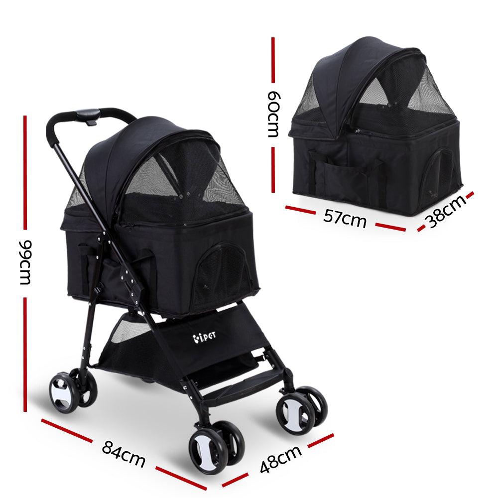 i.Pet Pet Stroller Dog Pram Cat Carrier Travel Large Pushchair Foldable 4 Wheels Black - Harrogates