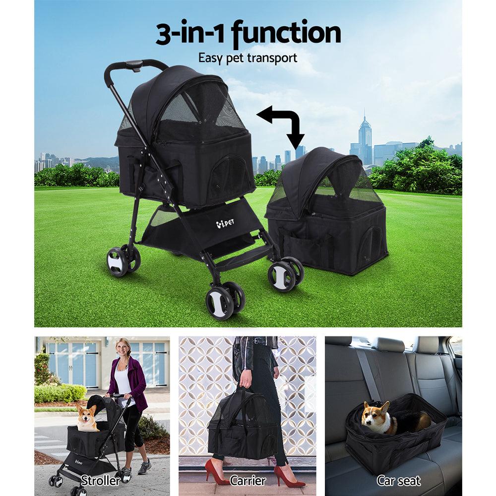 i.Pet Pet Stroller Dog Pram Cat Carrier Travel Large Pushchair Foldable 4 Wheels Black - Harrogates