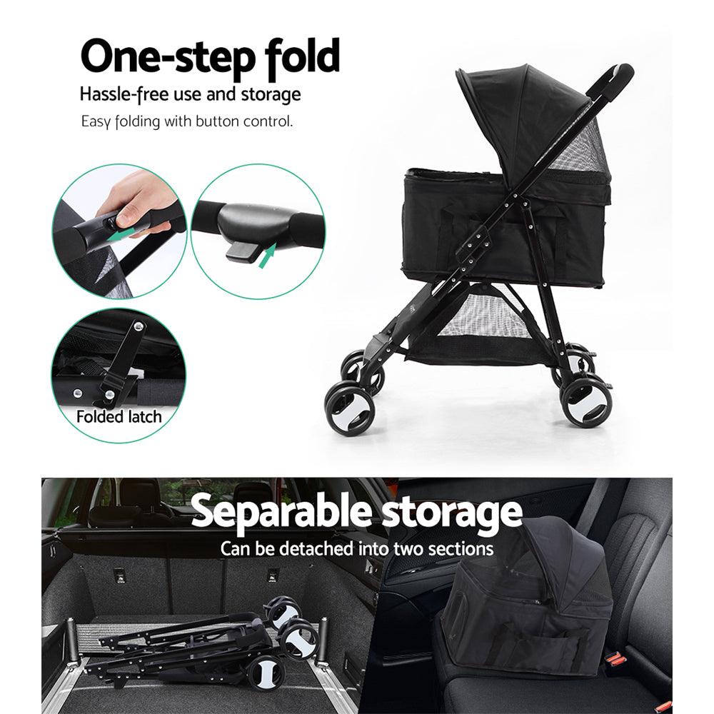 i.Pet Pet Stroller Dog Pram Cat Carrier Travel Large Pushchair Foldable 4 Wheels Black - Harrogates