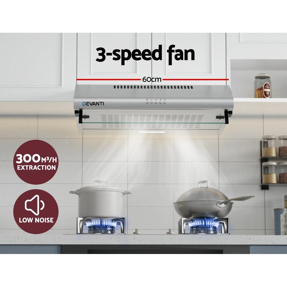 Devanti 600mm Range Hood 60cm Rangehood Kitchen Canopy LED Light Stainless Steel - Harrogates