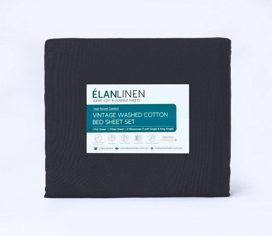 Elan Linen 100% Egyptian Cotton Vintage Washed 500TC Charcoal Queen Bed Sheets Set - Harrogates