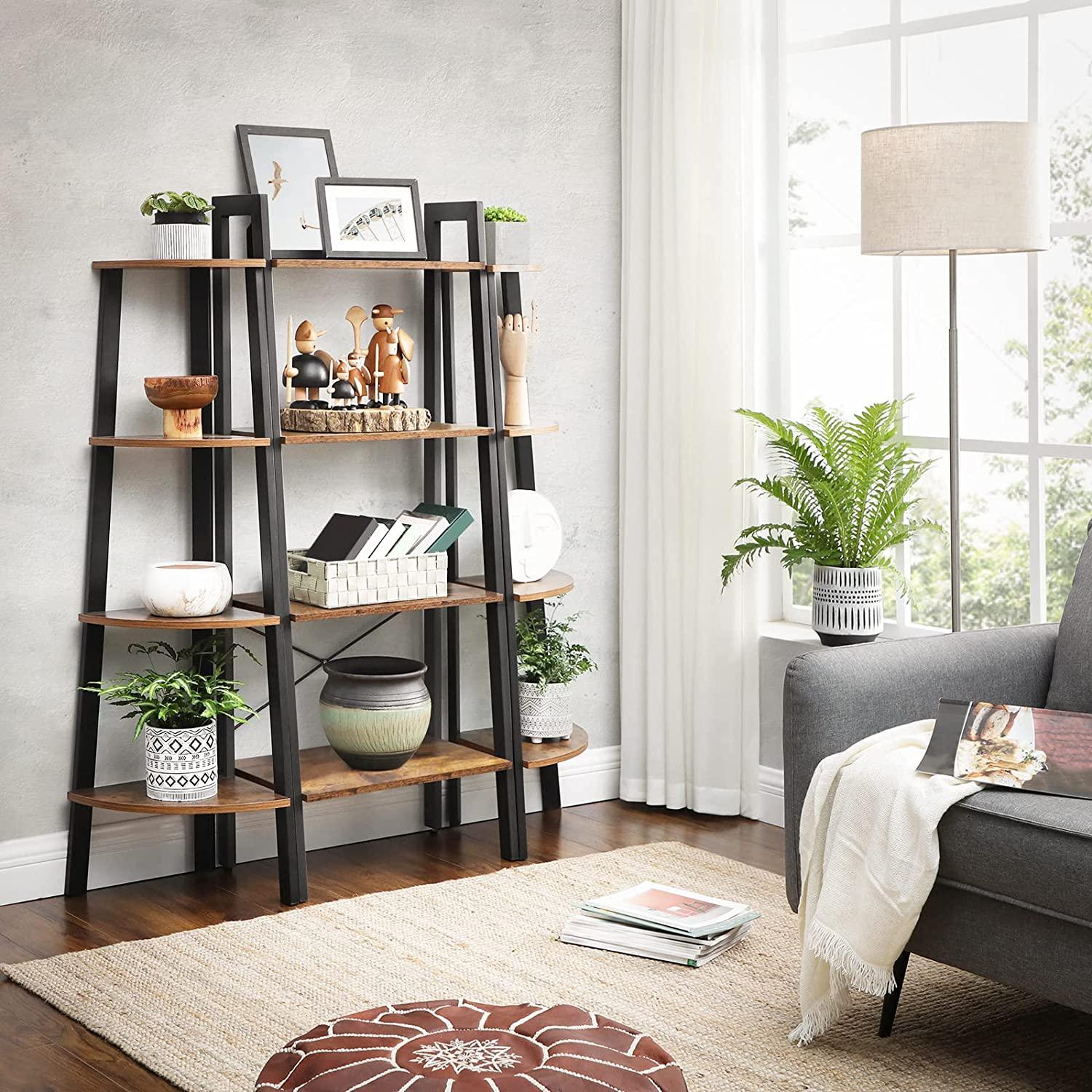 Rustic brown and black steel Metal Frame 4 Tier bookshelf - Harrogates