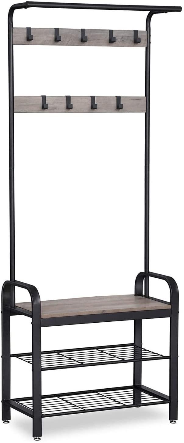Greige and Black Steel Freestanding Coat Rack Stand with Removable Hooks, Bench and Shoe Rack, Height 183 cm - Harrogates