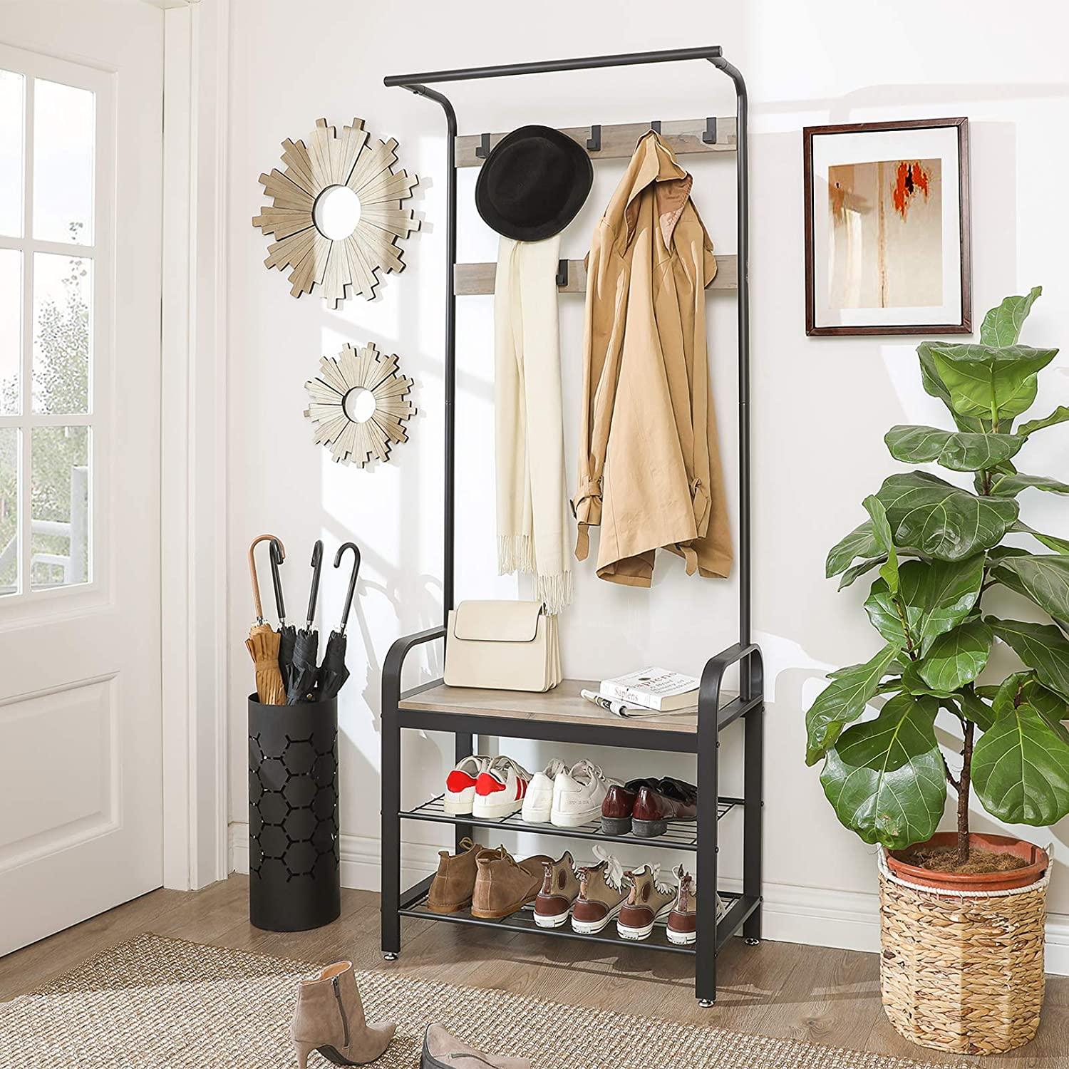 Greige and Black Steel Freestanding Coat Rack Stand with Removable Hooks, Bench and Shoe Rack, Height 183 cm - Harrogates