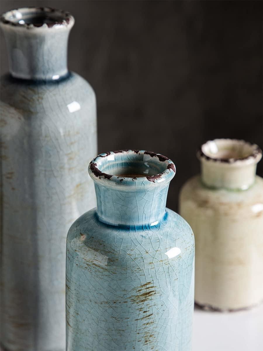 Ceramic Vases Set of 3 Crackled Finish Blue Farmhouse for Home Decor - Harrogates