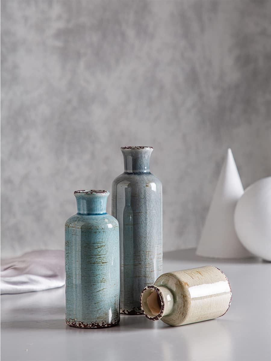 Ceramic Vases Set of 3 Crackled Finish Blue Farmhouse for Home Decor - Harrogates