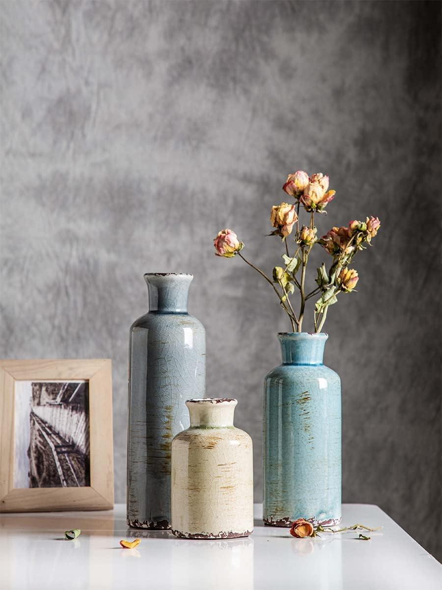 Ceramic Vases Set of 3 Crackled Finish Blue Farmhouse for Home Decor - Harrogates