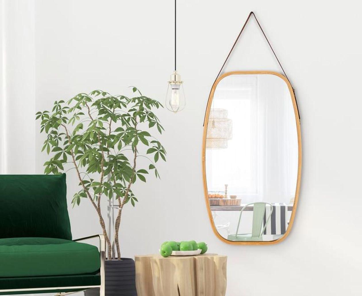 Hanging Full Length Wall Mirror - Solid Bamboo Frame and Adjustable Leather Strap - Harrogates