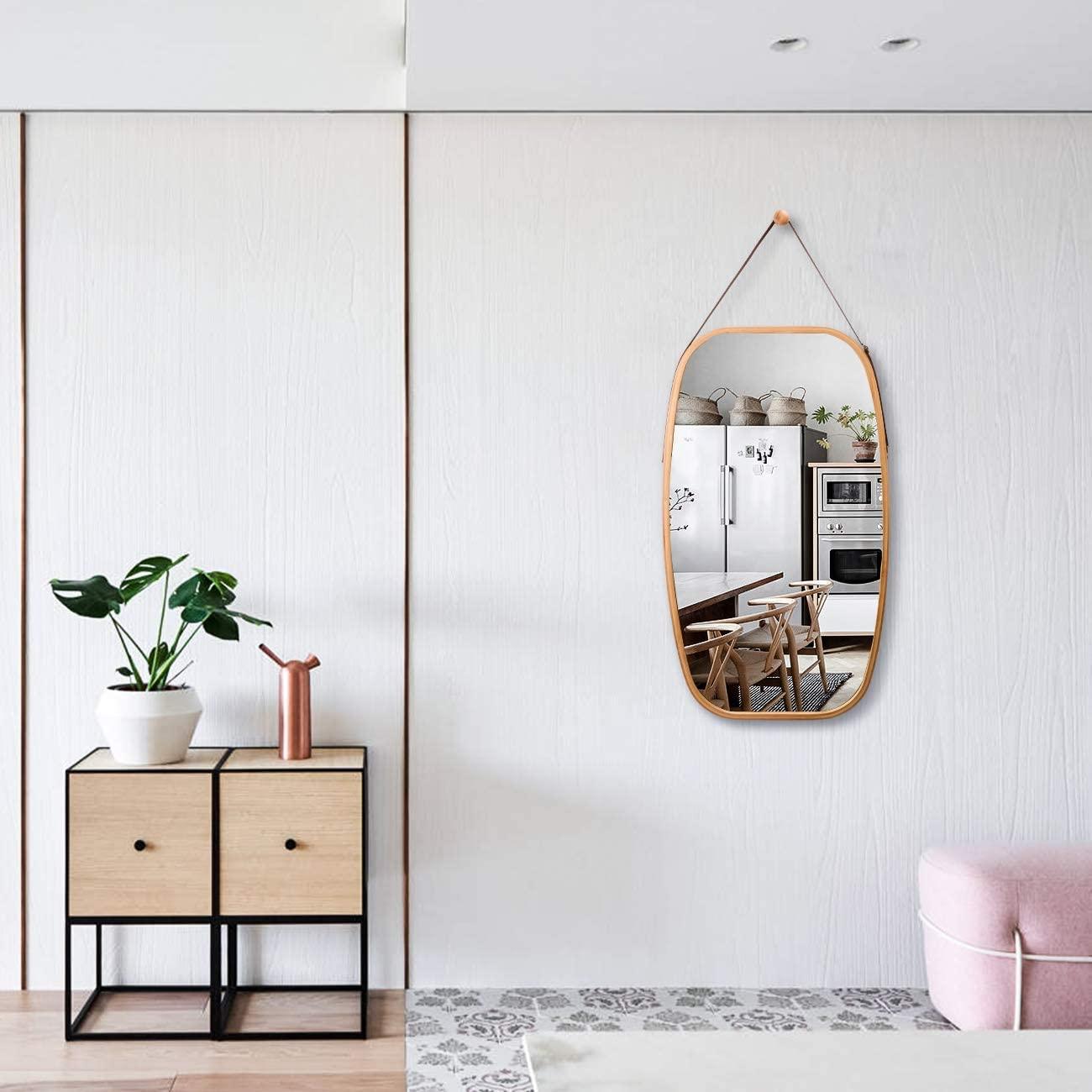 Hanging Full Length Wall Mirror - Solid Bamboo Frame and Adjustable Leather Strap - Harrogates