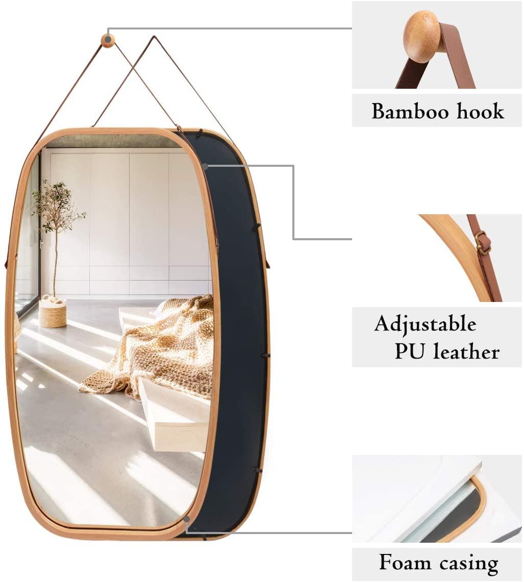Hanging Full Length Wall Mirror - Solid Bamboo Frame and Adjustable Leather Strap - Harrogates