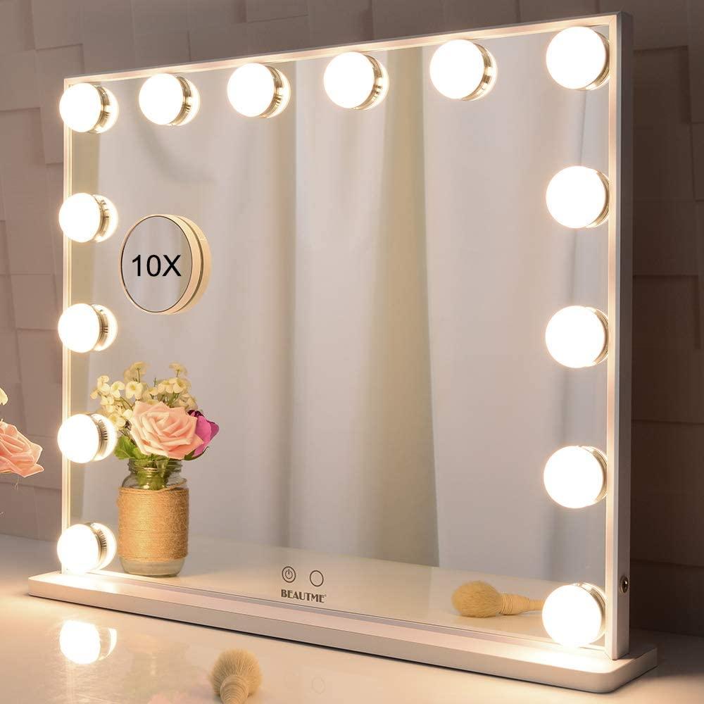Hollywood Makeup Vanity Mirror with LED Lights and Detachable 10X Magnification Mirror (White, 62 x 51 cm) - Harrogates
