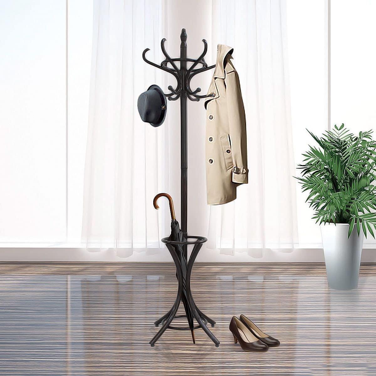 Brown Coat Rack with Stand Wooden Hat and 12 Hooks Hanger Walnut tree - Harrogates