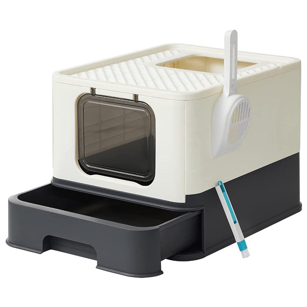 Feandrea Cat Litter Tray with Lid and Door Beige and Black PPT001W01 - Harrogates