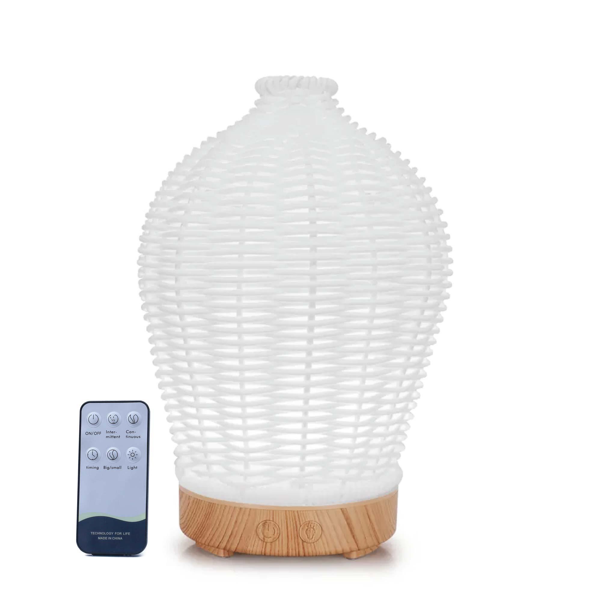Essential Oil Aroma Diffuser and Remote - 100ml Rattan White Mist Humidifier - Harrogates