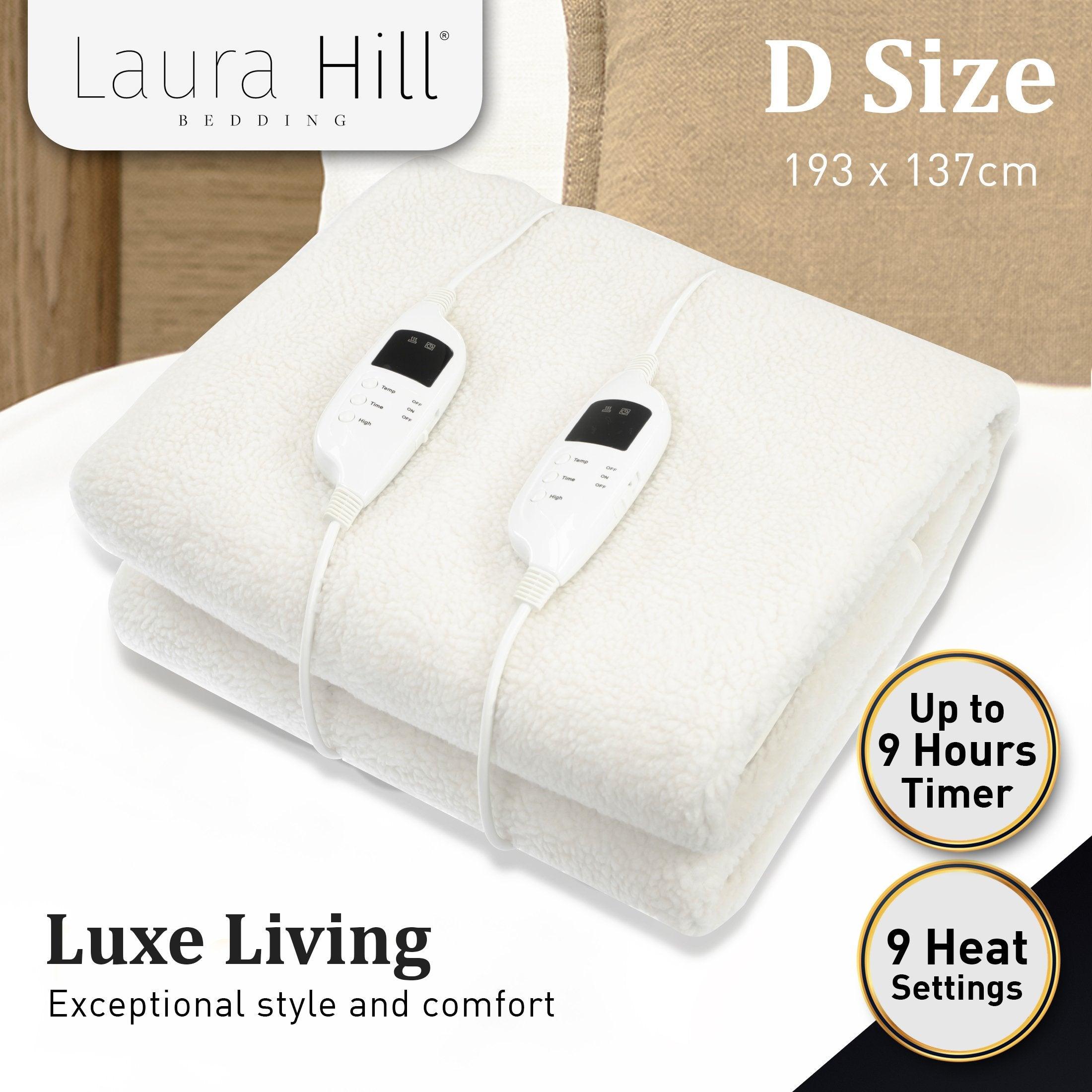 Laura Hill Heated Electric Blanket Double Size Fitted Fleece Underlay Winter Throw - White - Harrogates
