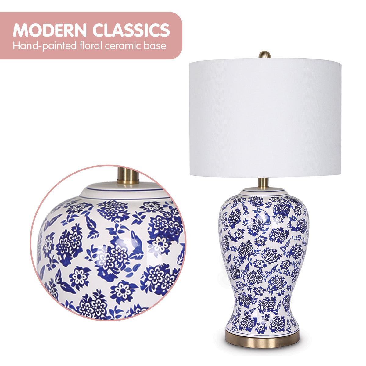 Sarantino Table Lamp Ceramic Floral Base Cotton Drum Shade - Harrogates