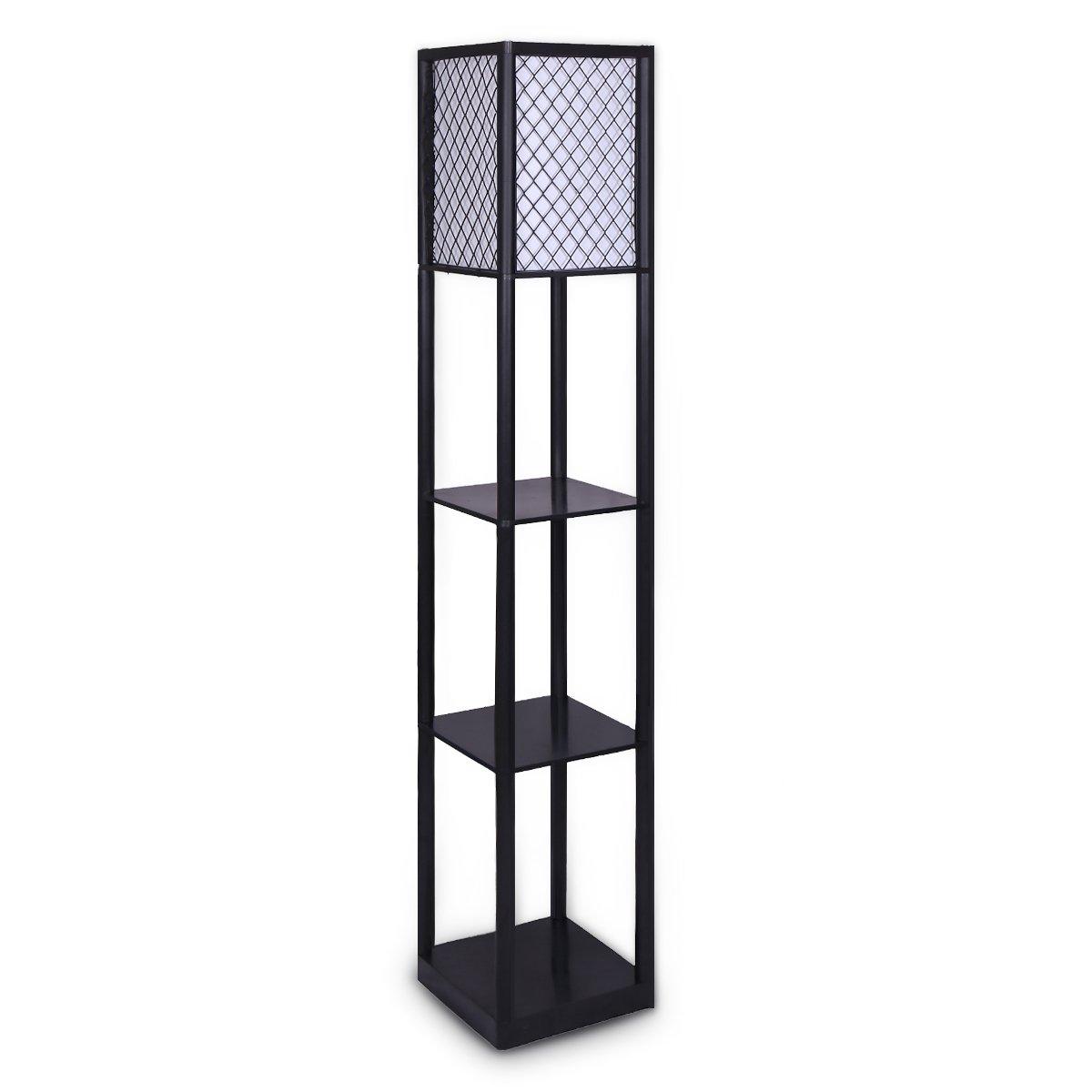 Sarantino Etagere Floor Lamp Diamond Look Fabric Shade Shelves Black - Harrogates