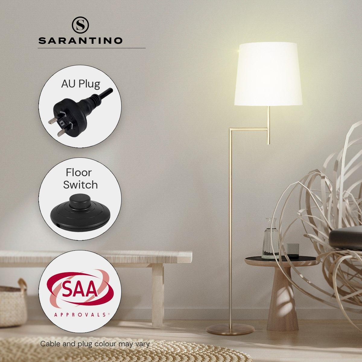 Sarantino Metal Floor Lamp in Antique Brass Finish with Cream Linen Fabric Shade - Harrogates