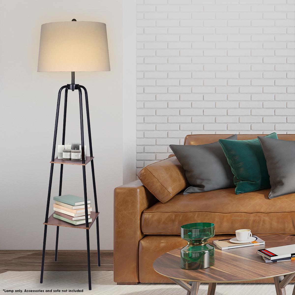 Sarantino Metal Etagere Floor Lamp Shade Metal Shelf in Wood Finish - Harrogates