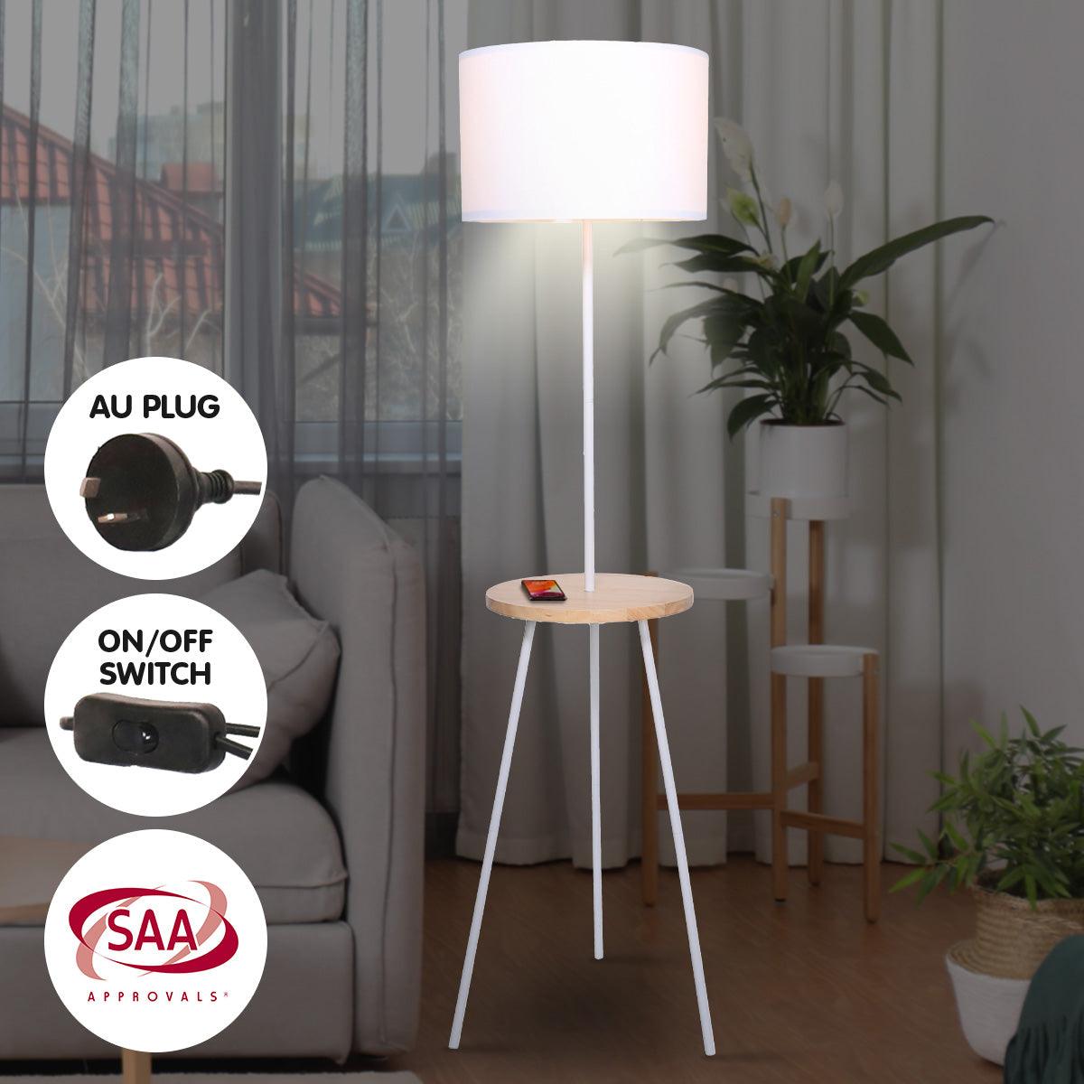 Sarantino Metal Tripod Floor Lamp Shade with Wooden Table Shelf - Harrogates