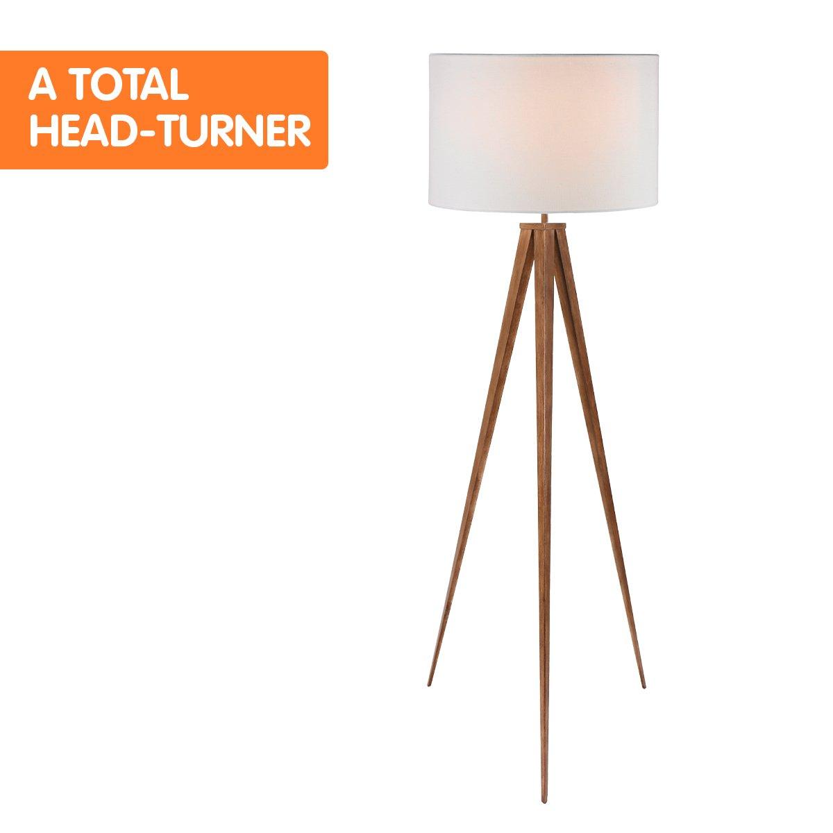 Sarantino Metal Tripod Floor Spot Lamp Shade Drum in Wooden Finish - Harrogates
