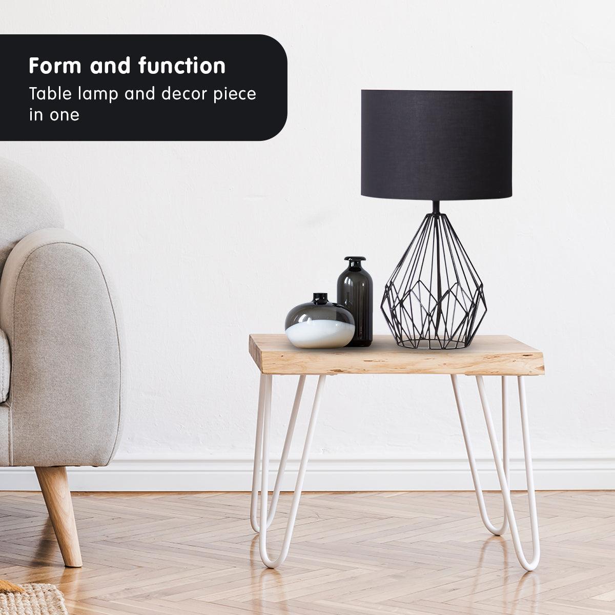 Sarantino Metal Wire Table Lamp in Black Finish With Black Drum Shade - Harrogates