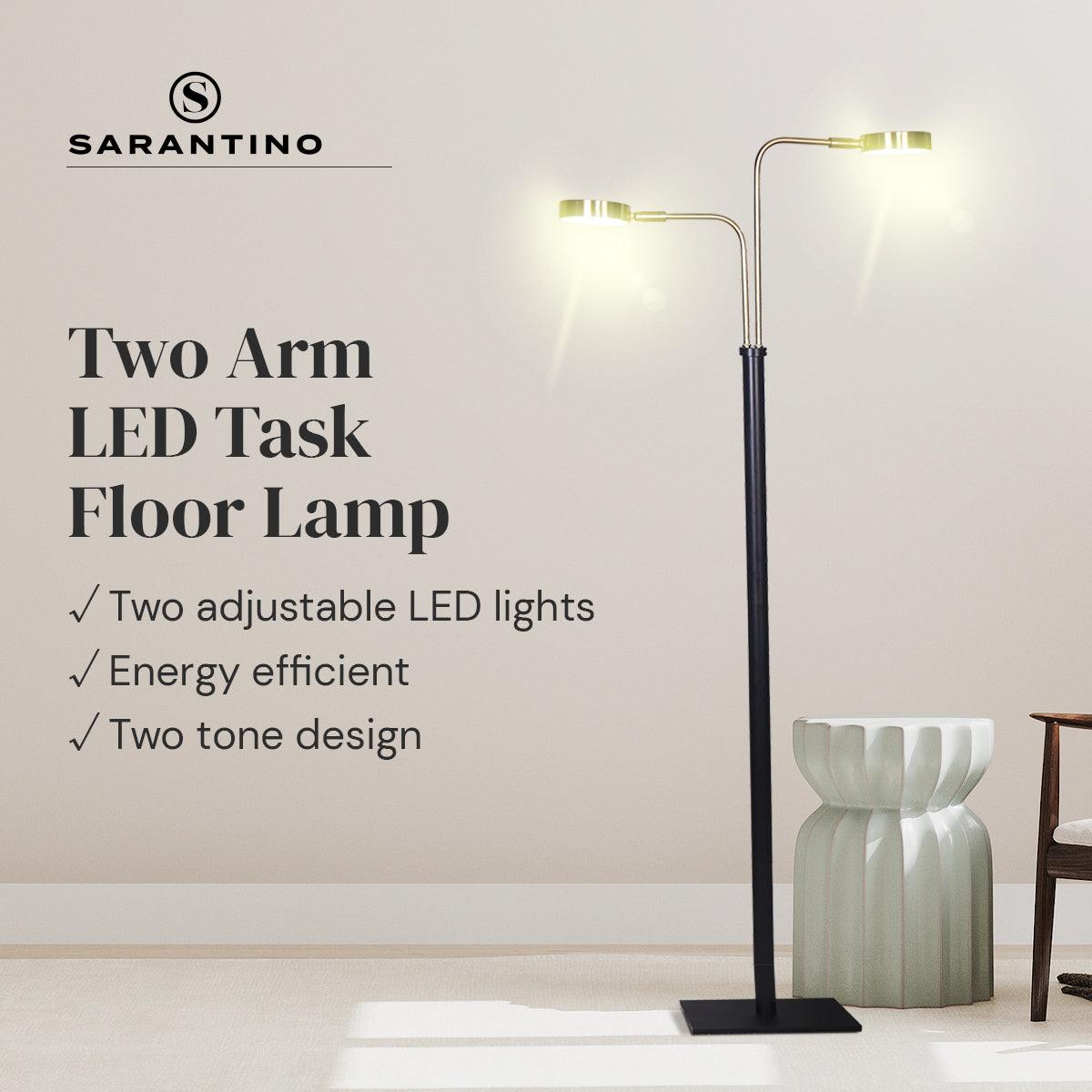 Sarantino LED Metal Floor Lamp with 2 Lights in Brushed Gold and Black Finish - Harrogates