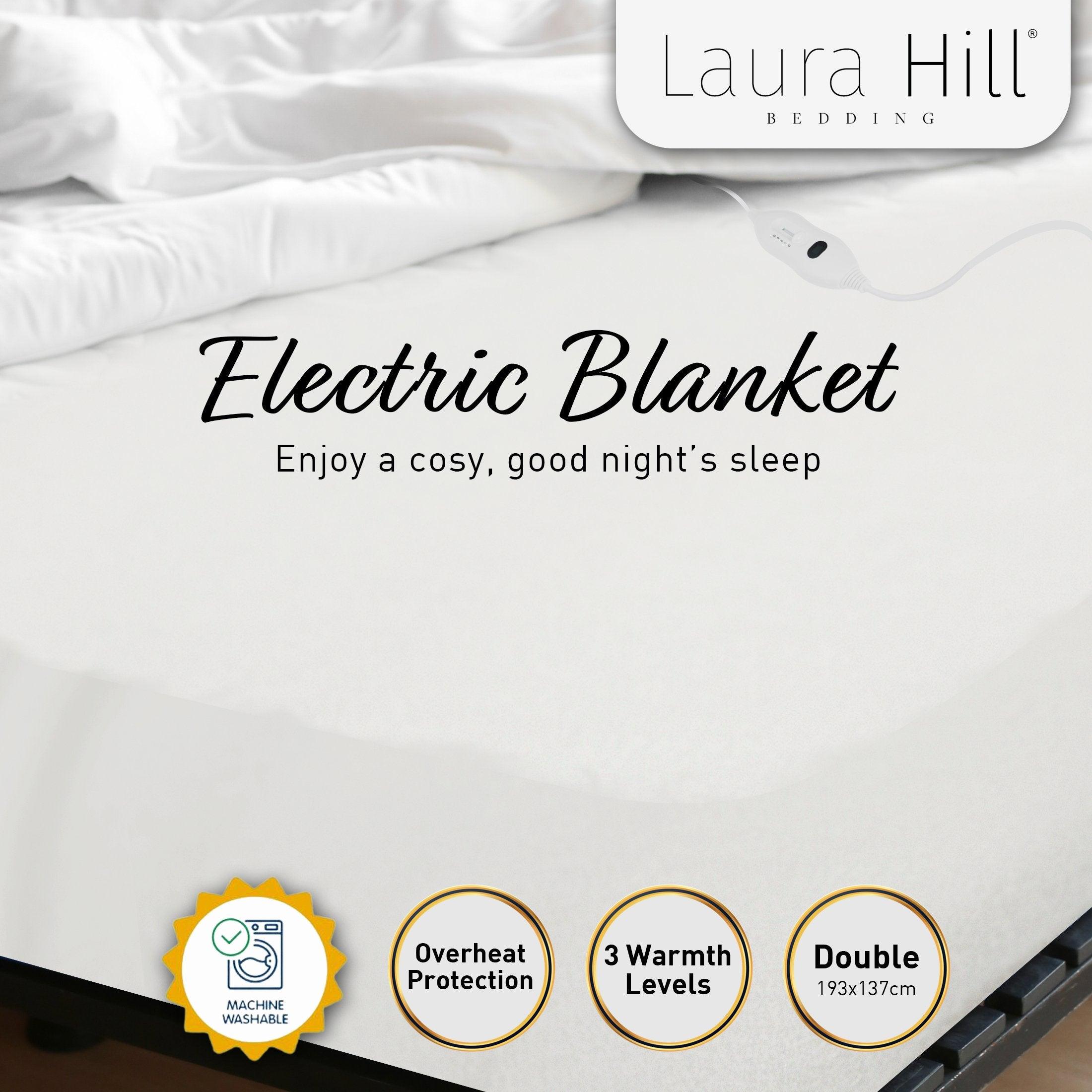 Laura Hill Heated Electric Blanket Double Size Fitted Polyester Underlay Winter Throw - White - Harrogates