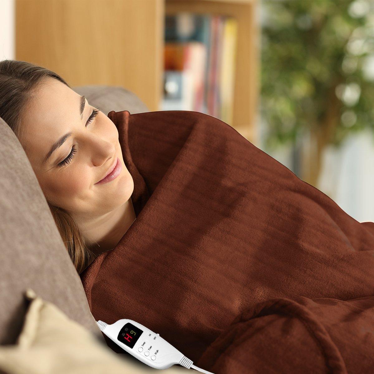 Laura Hill Heated Electric Blanket Throw Rug Coral Warm Fleece Brown - Harrogates