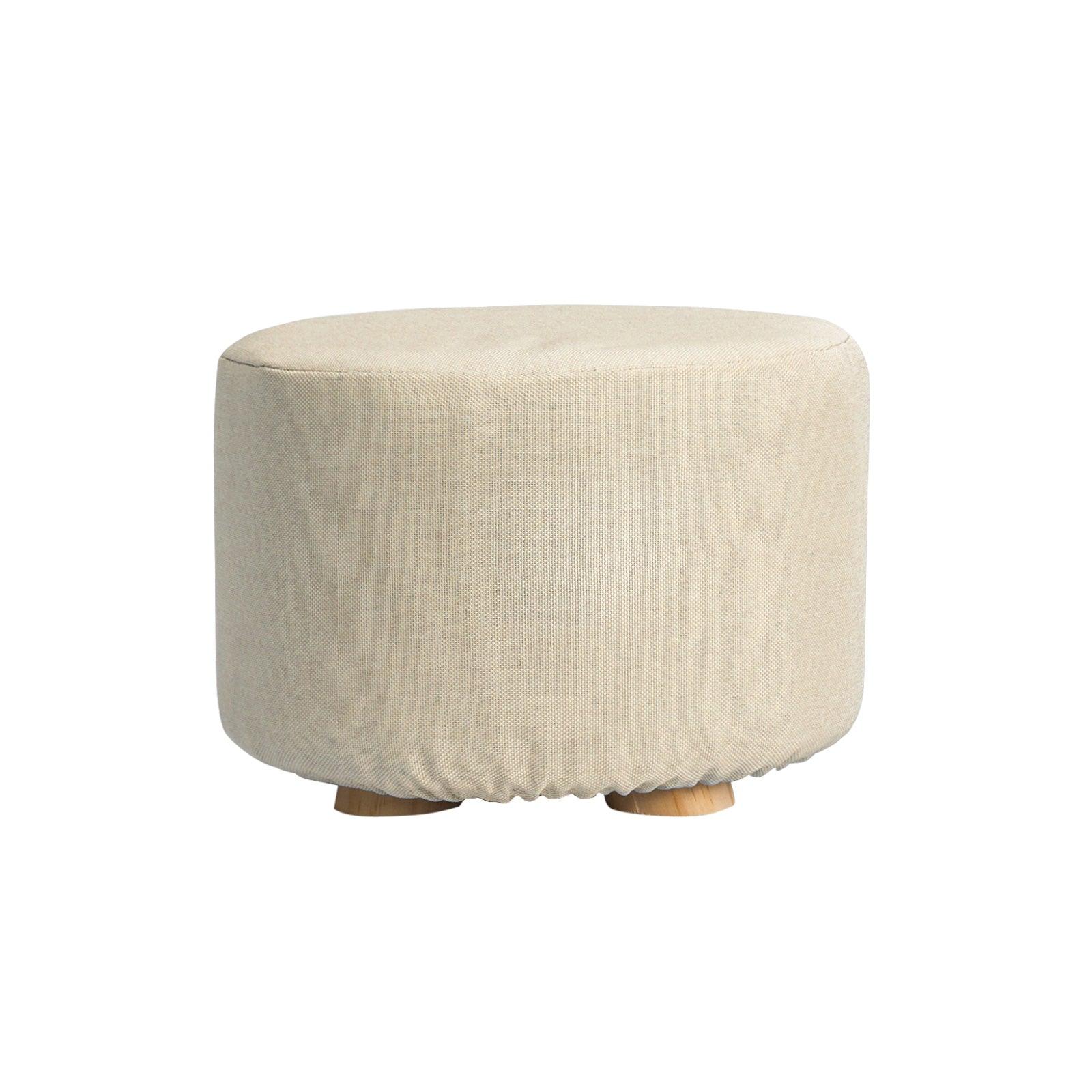 Fabric Ottoman Round Wooden Leg Foot Stool - BEIGE - Harrogates