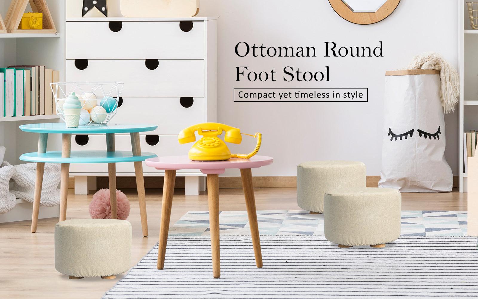 Fabric Ottoman Round Wooden Leg Foot Stool - BEIGE - Harrogates