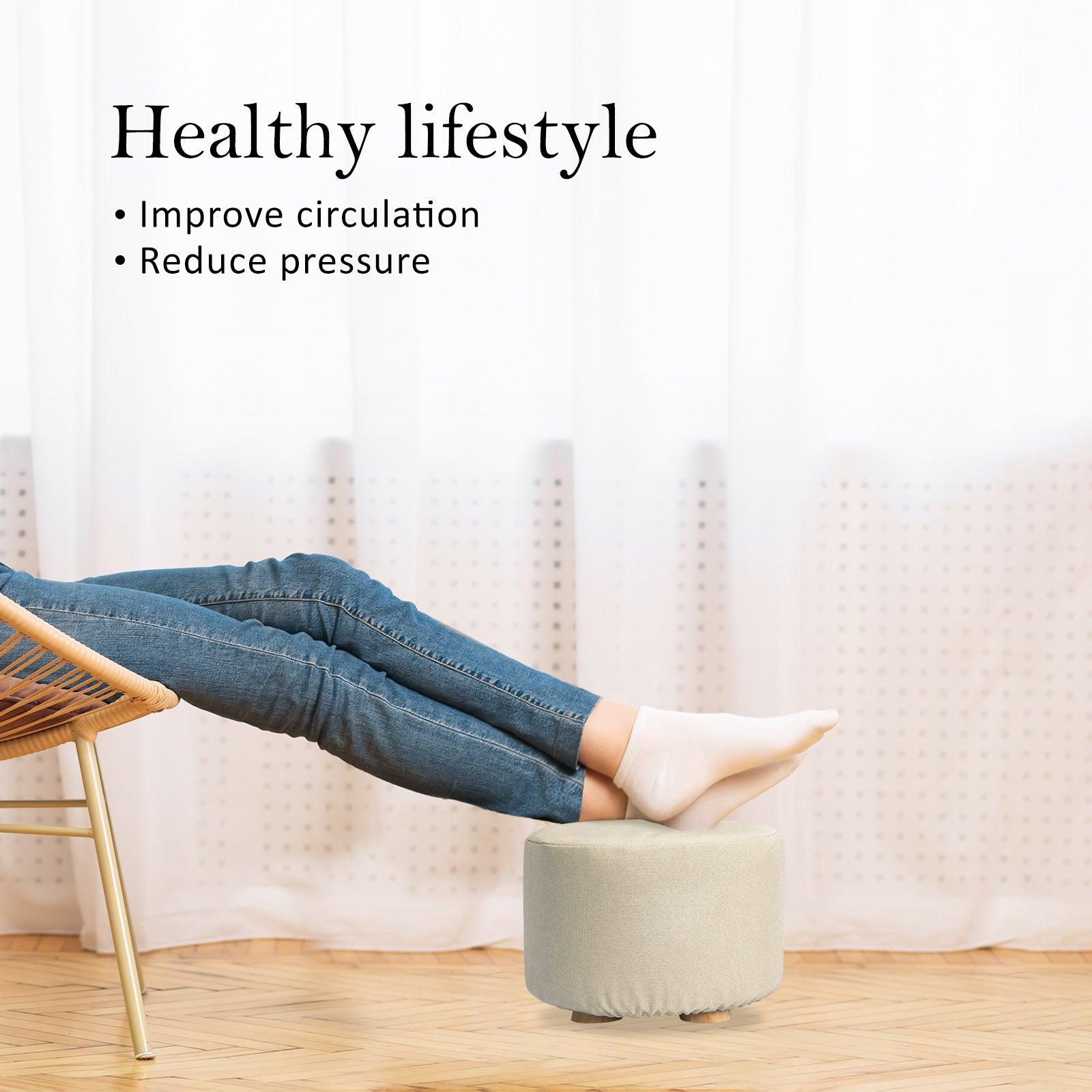 Fabric Ottoman Round Wooden Leg Foot Stool - BEIGE - Harrogates