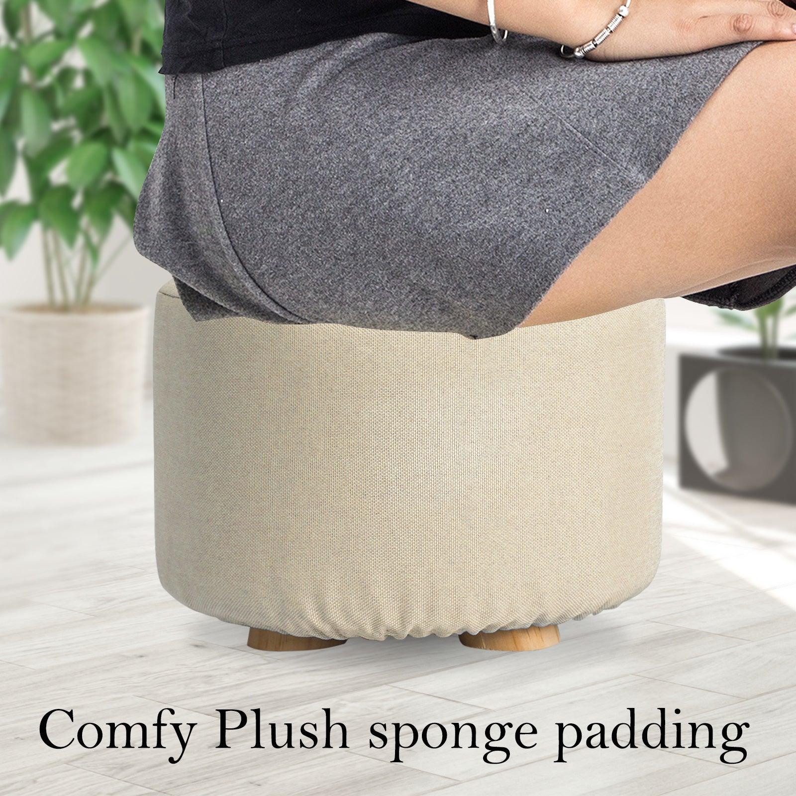 Fabric Ottoman Round Wooden Leg Foot Stool - BEIGE - Harrogates
