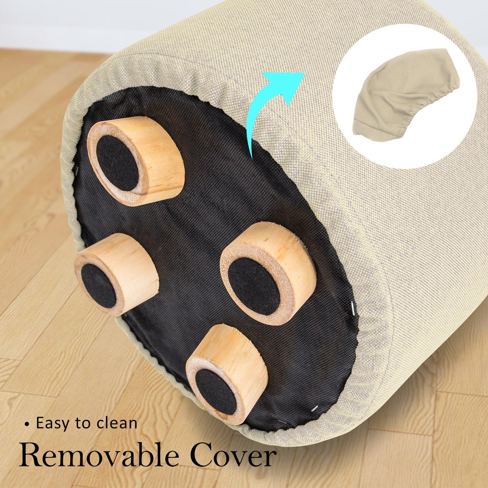 Fabric Ottoman Round Wooden Leg Foot Stool - BEIGE - Harrogates