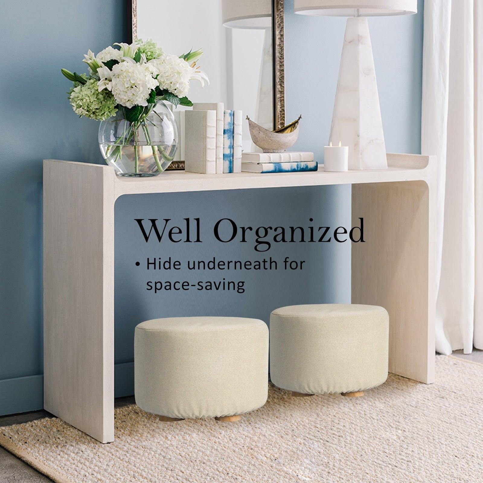 Fabric Ottoman Round Wooden Leg Foot Stool - BEIGE - Harrogates