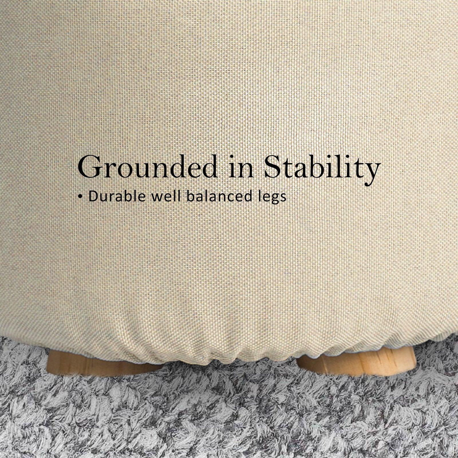 Fabric Ottoman Round Wooden Leg Foot Stool - BEIGE - Harrogates