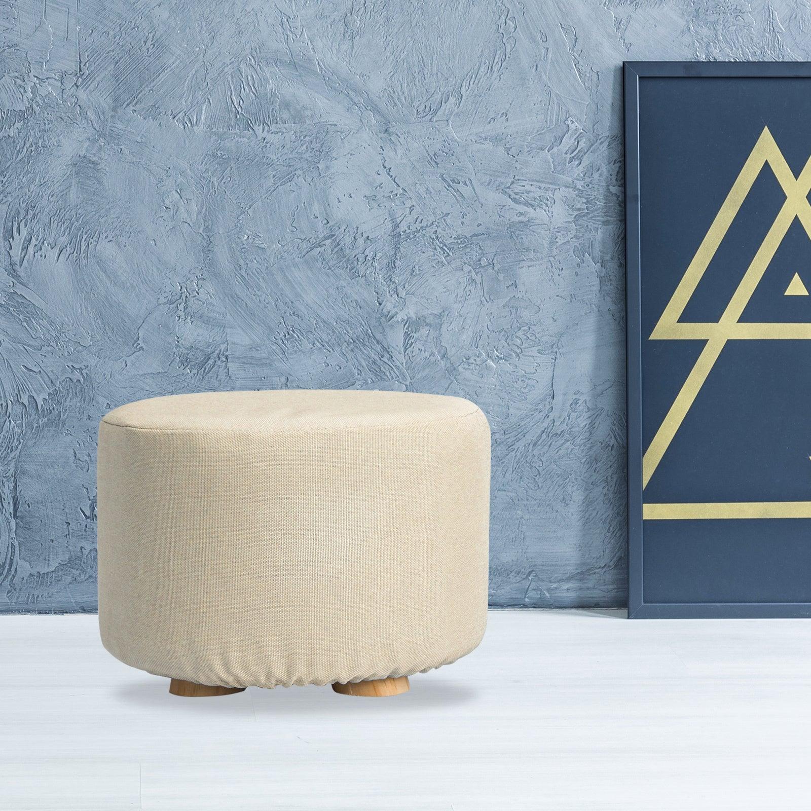 Fabric Ottoman Round Wooden Leg Foot Stool - BEIGE - Harrogates