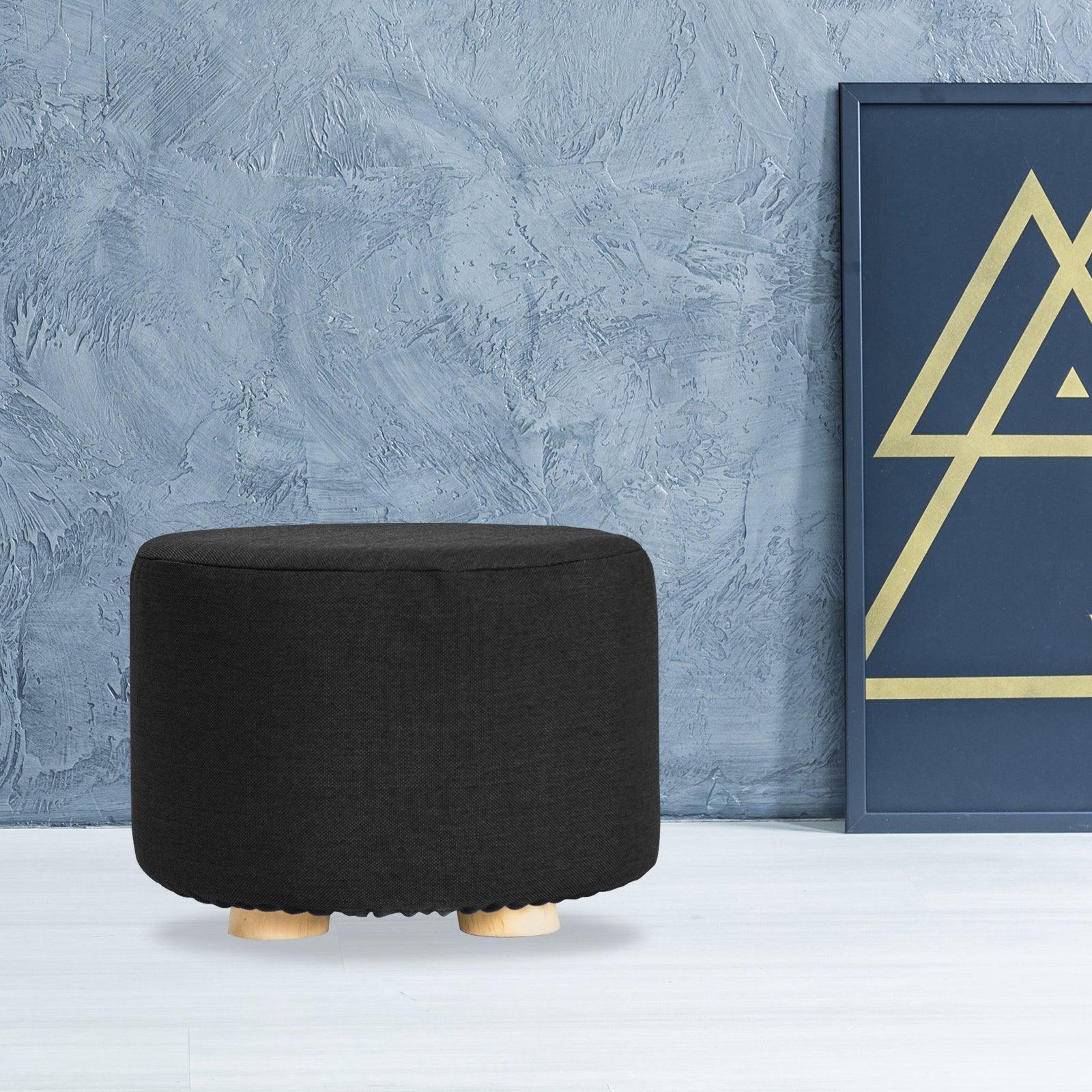Fabric Ottoman Round Wooden Leg Foot Stool - BLACK - Harrogates