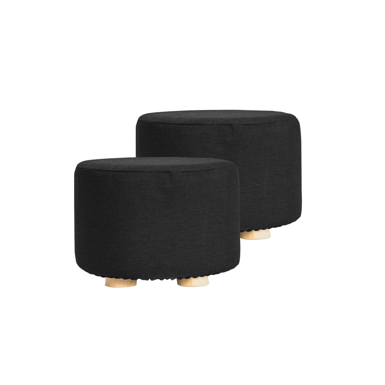 2X Fabric Ottoman Round Wooden Leg Foot Stool - BLACK - Harrogates