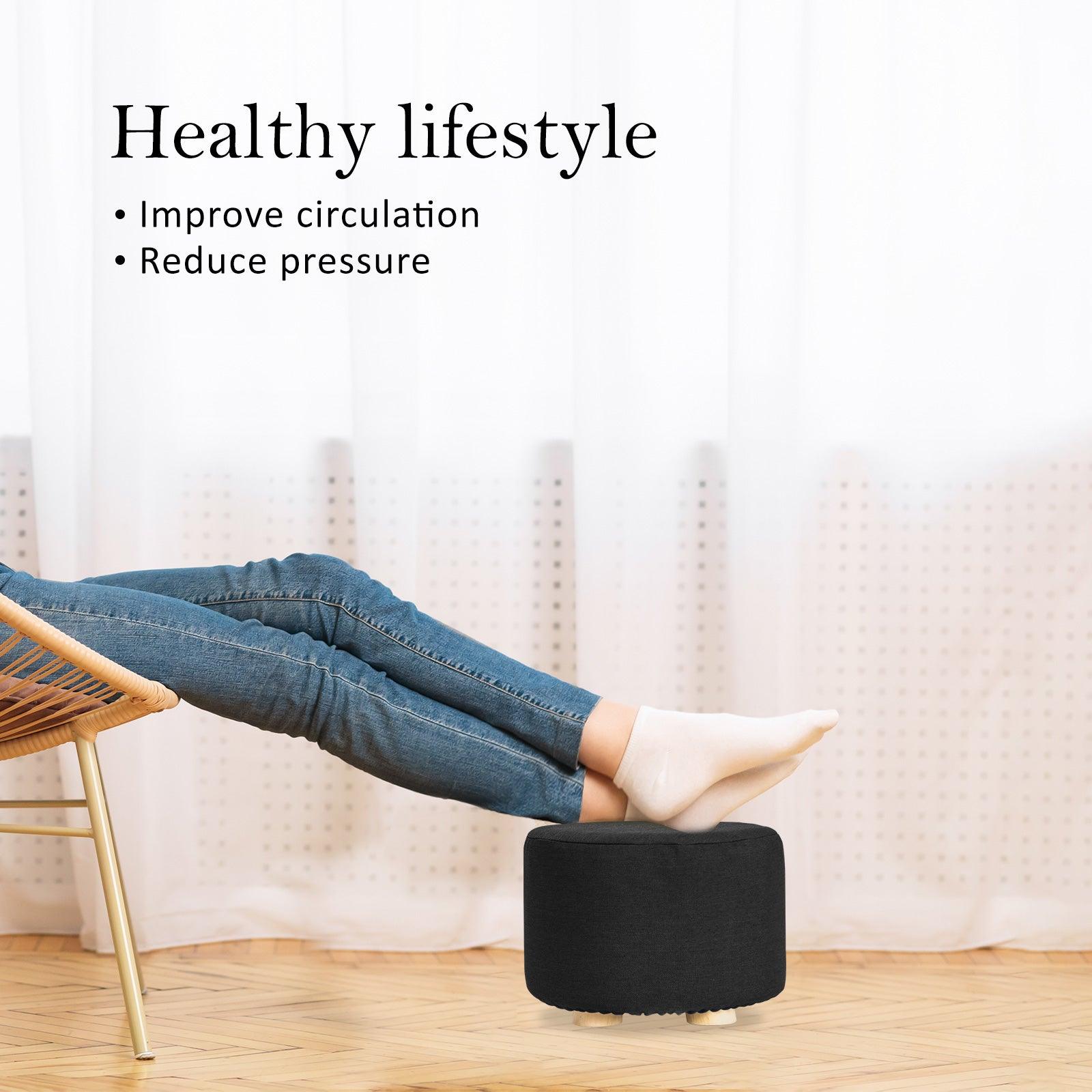 2X Fabric Ottoman Round Wooden Leg Foot Stool - BLACK - Harrogates