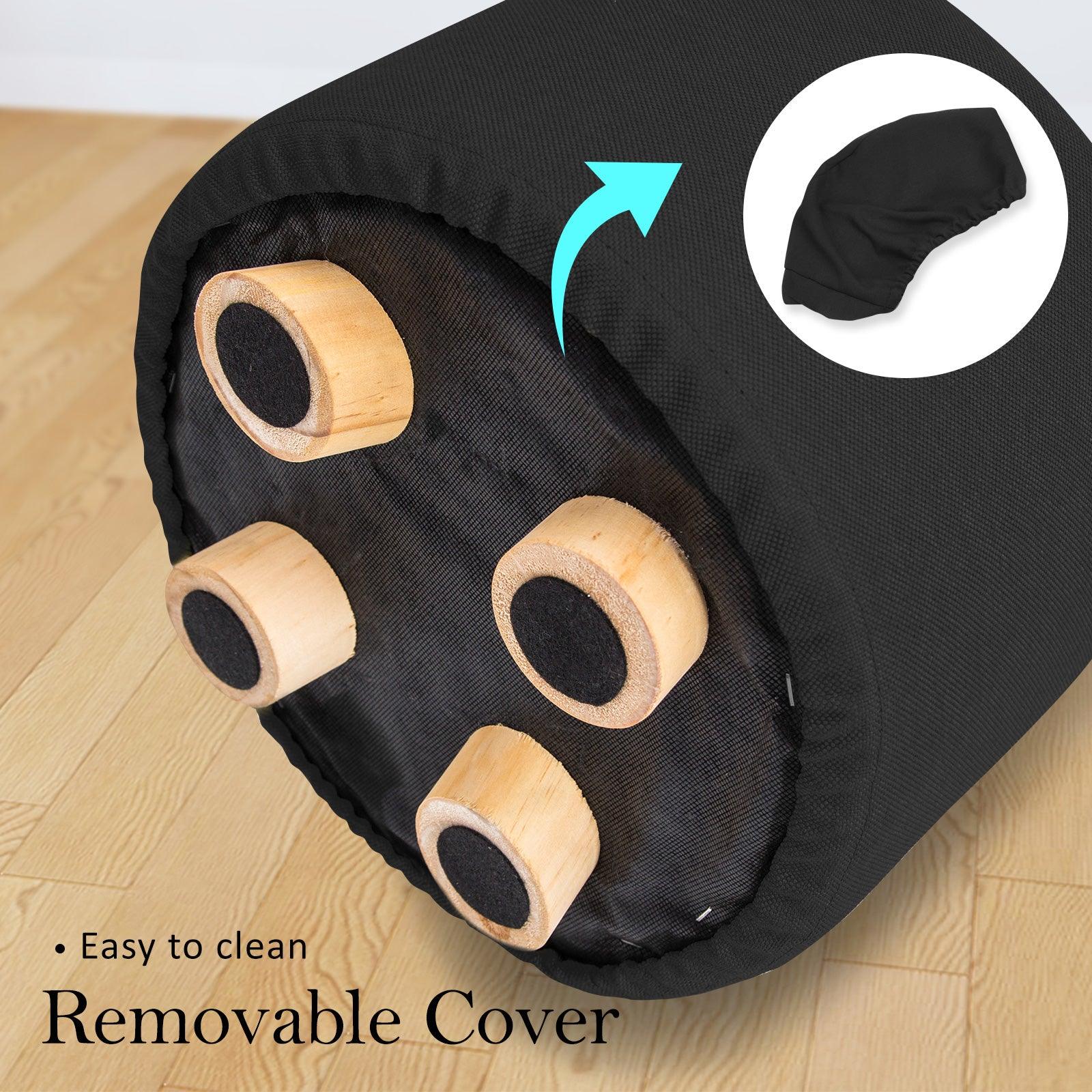 2X Fabric Ottoman Round Wooden Leg Foot Stool - BLACK - Harrogates