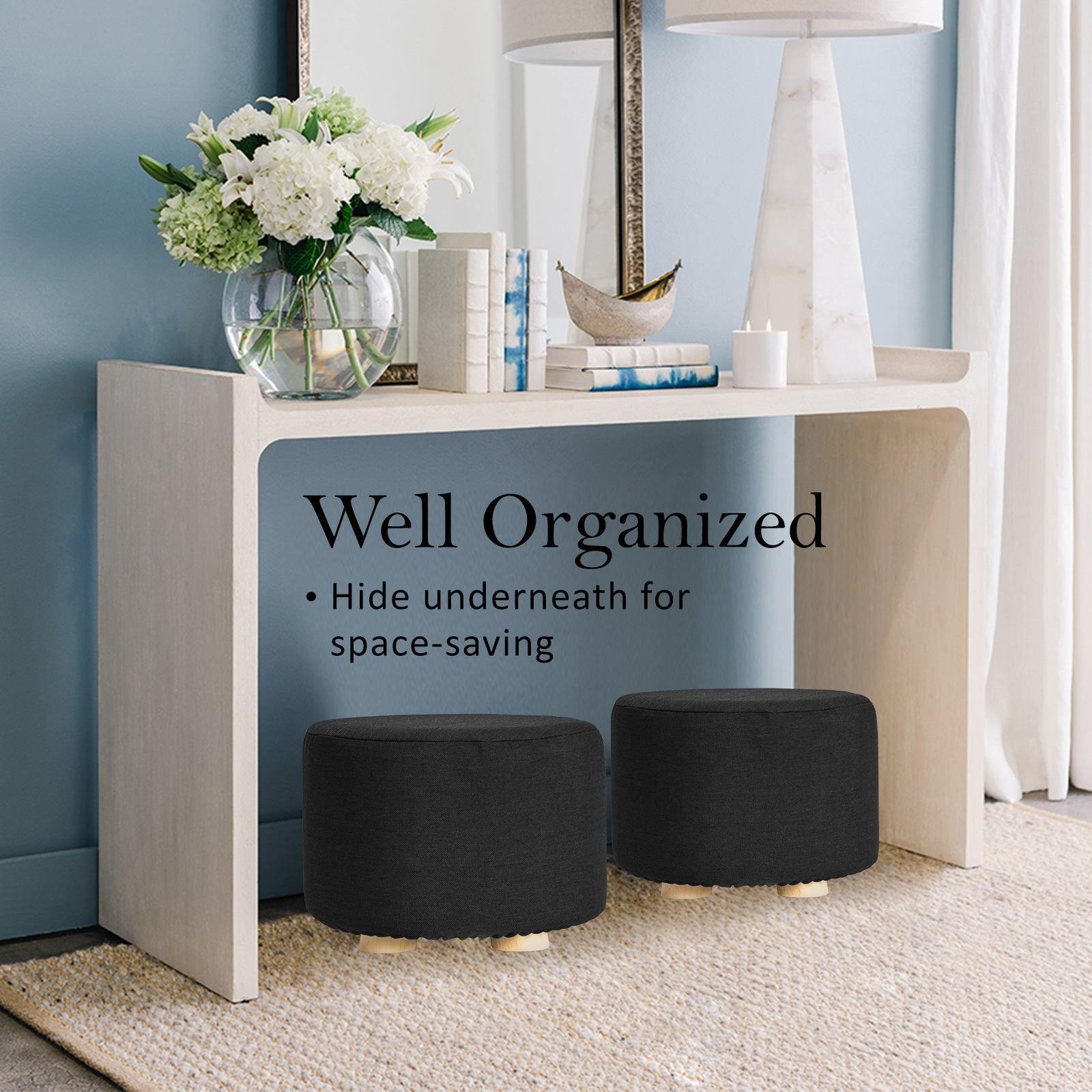 2X Fabric Ottoman Round Wooden Leg Foot Stool - BLACK - Harrogates
