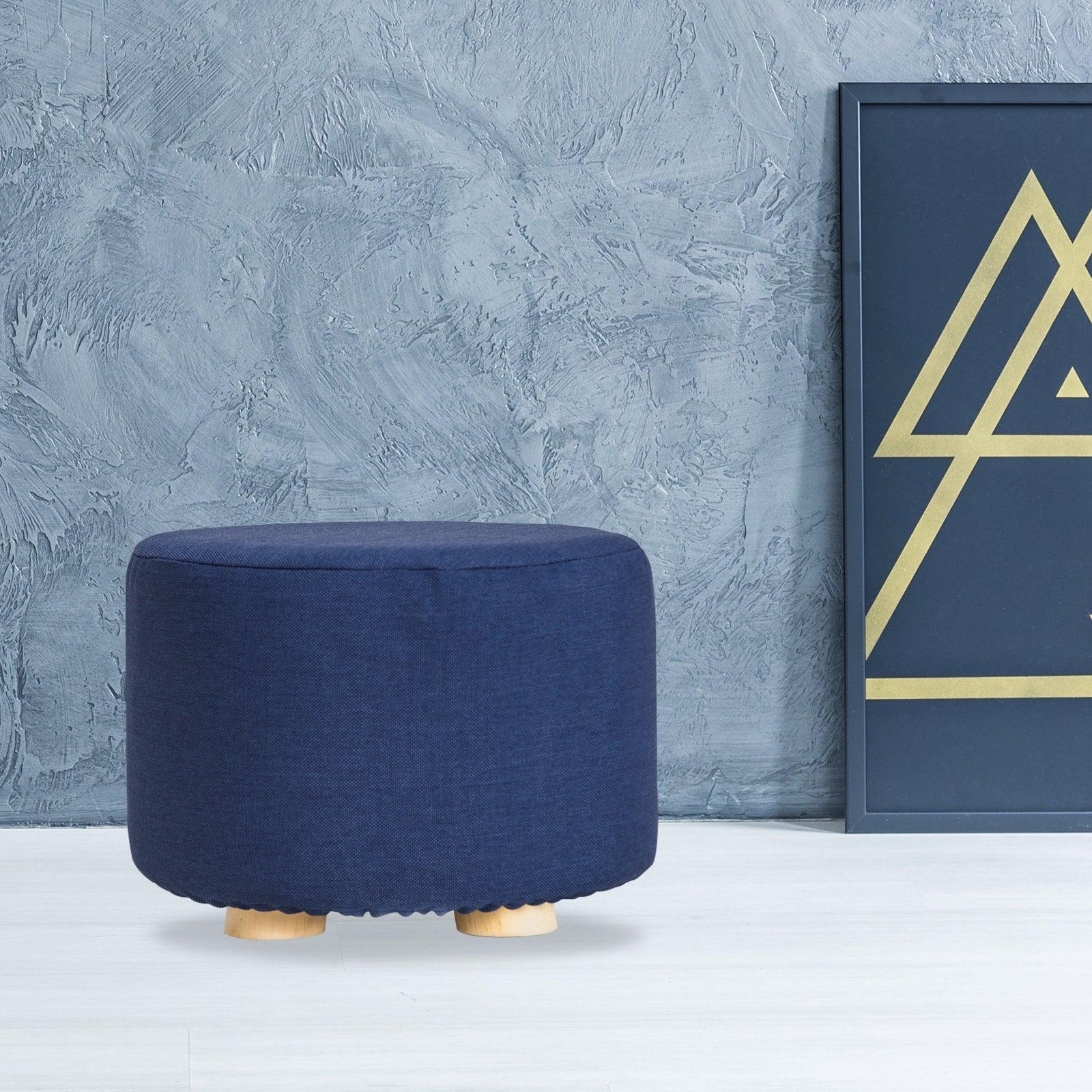 Fabric Ottoman Round Wooden Leg Foot Stool - DARK BLUE - Harrogates